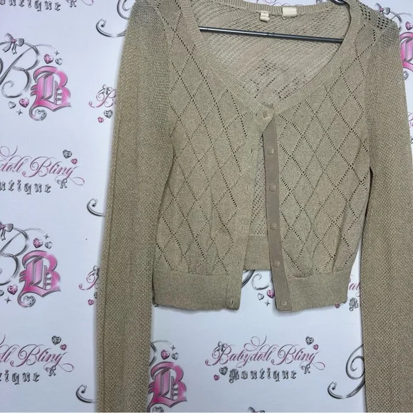 MOTH sparkly gold cardigan glitter button up crochet knitted cute  Anthropologie - Picture 7 of 12